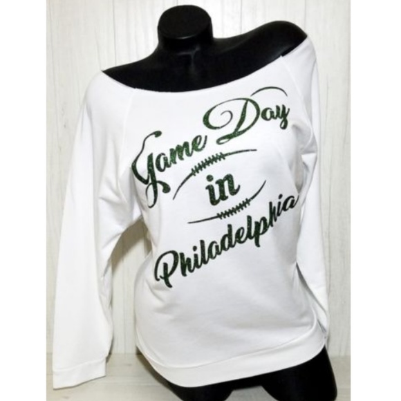 FASHION JUNKY Tops - Philadelphia Game Day on a White Sweatshirt with Shiny Lettering.